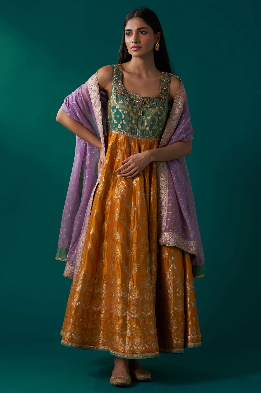 Yellow and Green Zardozi Embroidered Jacquard Anarkali Kurta